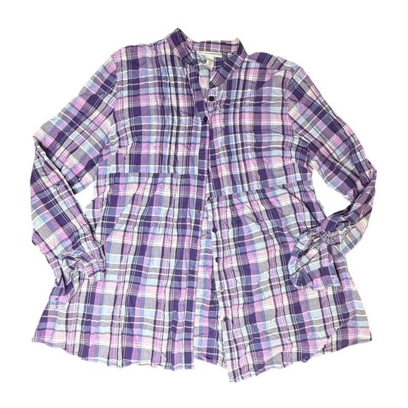 dressbarn Tops - Dressbarn XL Purple Plaid Button Down Long Sleeve‎ Pintuck Blouse Top